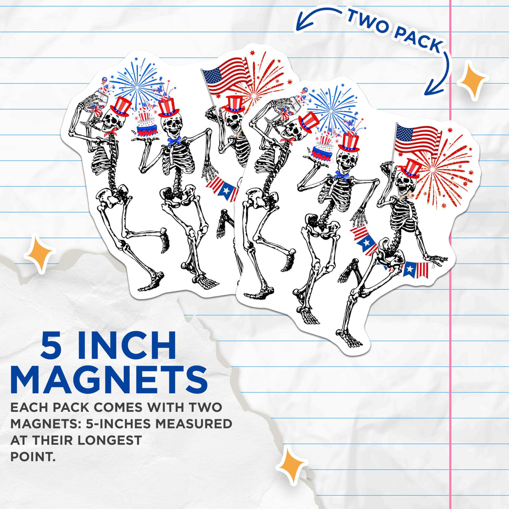 (2 Pack) Patriotic Skeletons Magnets - 4th of July Decor - Independence Day Celebration - 5 Inches On Longest Side - Thick Durable Magnet - Made in USA - MAG28734