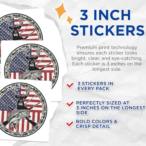 (3 Pack) Hunting Fishing Decals - American Flag Decal - Buck Bass Fishing Decal - 3 Inches On Longest Side - Easy Peel & Apply - Made in USA - 3MCS8717