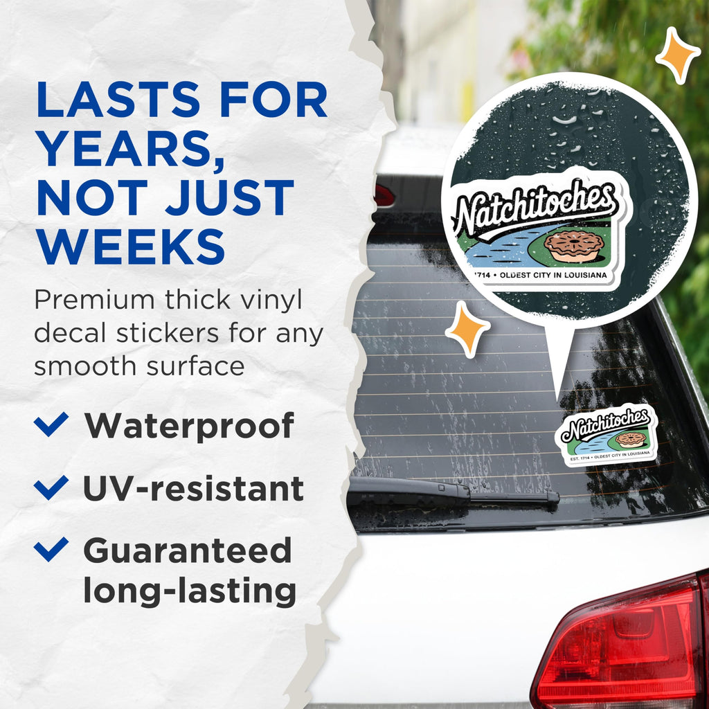 (2 Pack) Natchitoches Louisiana Stickers - Oldest City - Sweet Potato Pie - 5" On Longest Side - Sticks to Smooth Flat Surfaces - Made in USA - BMCS18161