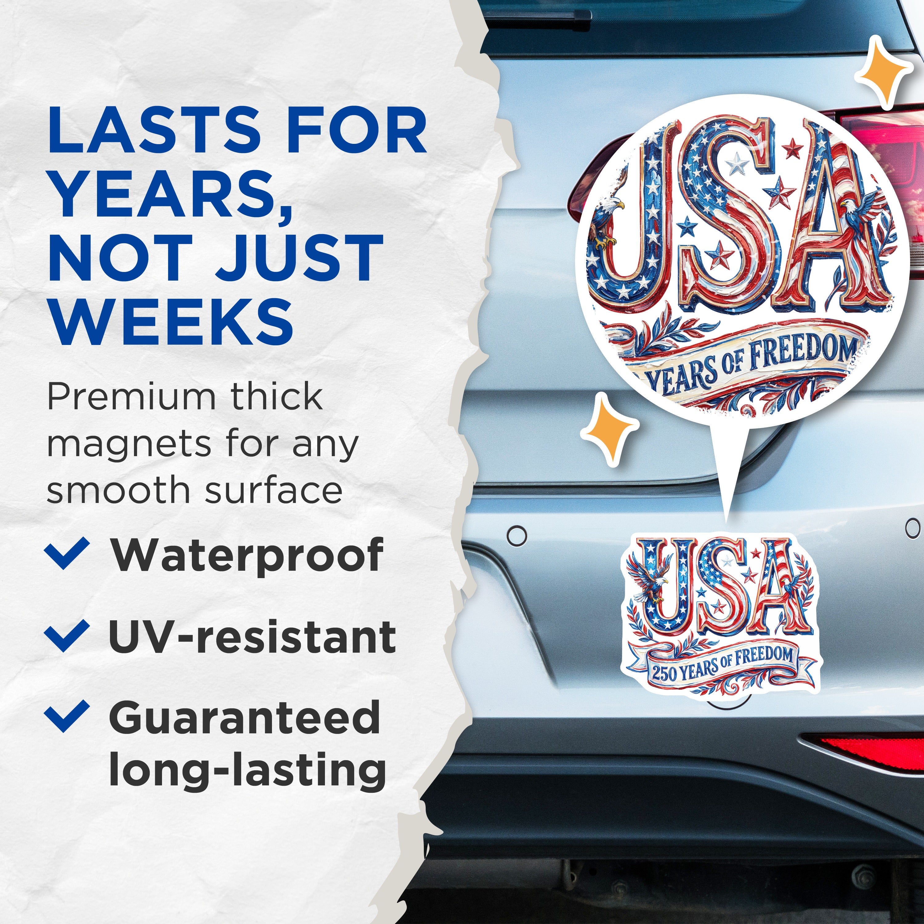 (2 Pack) USA 250 Years Freedom Magnets - Patriotic Decor - American Flag Eagle - 5 Inches On Longest Side - Thick Durable Magnet - Made in USA - MAG37286