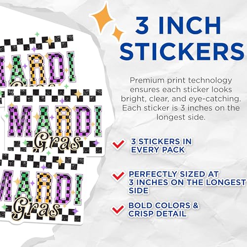 (3 Pack) Mardi Gras Decals - Laptop Decals - Celebration Decal- 3 Inches On Longest Side - Easy Peel & Apply - Made in USA - 3MCS5147