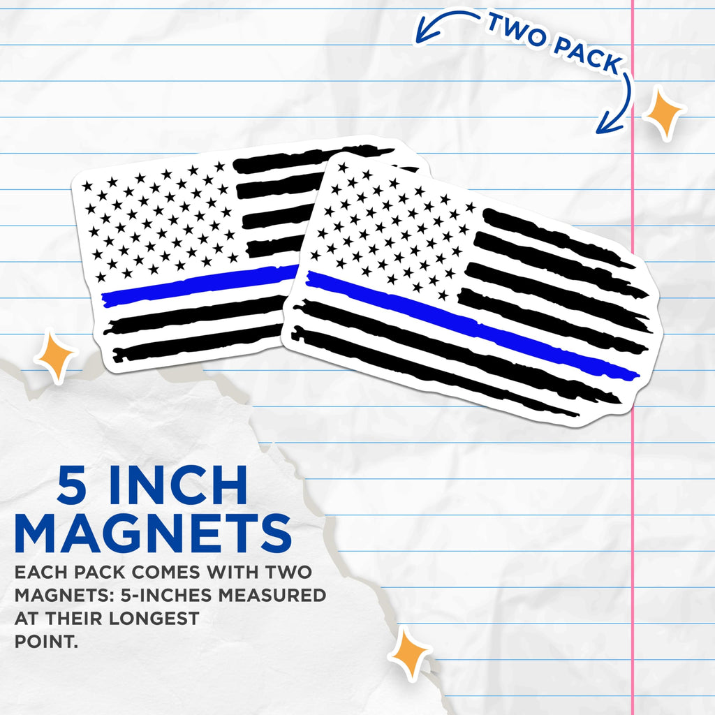 (2 Pack) Thin Blue Line Magnets - American Flag Police Support - Law Enforcement Honor - First Responder Patriotism - 5 Inches On Longest Side - Thick Durable Magnet - Made in USA - MAG20432