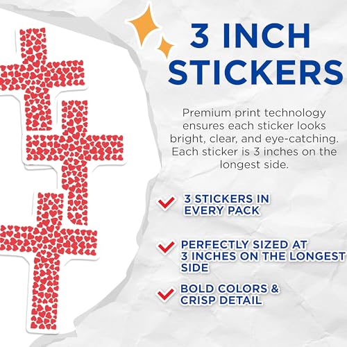 (3 Pack) Heart Cross Decals - Christian Symbol - Love Design Sticker - 3 Inches On Longest Side - Easy Peel & Apply - Made in USA - 3MCS7407