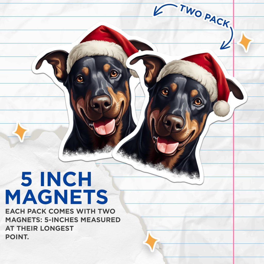 (2 Pack) Doberman Pinscher Magnets - Christmas Dog Decor - Santa Hat Canine - Holiday Pet Magnets - 5 Inches On Longest Side - Thick Durable Magnet - Made in USA - MAG24355