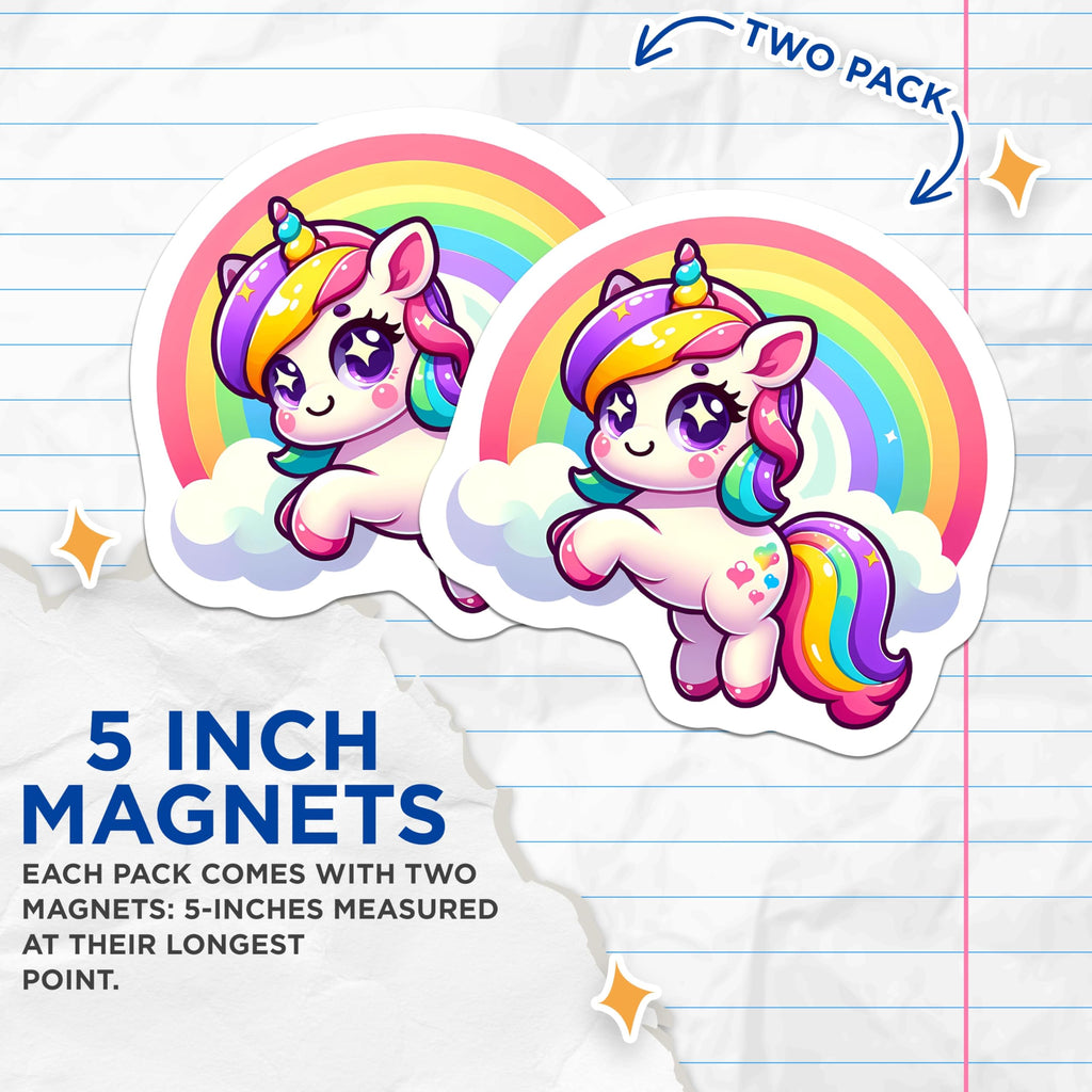 (2 Pack) Adorable Unicorn Magnets - Vibrant Rainbow Fantasy Creature - Whimsical Magical Animal Refrigerator Decor - 5 Inches On Longest Side - Thick Durable Magnet - Made in USA - MAG22690