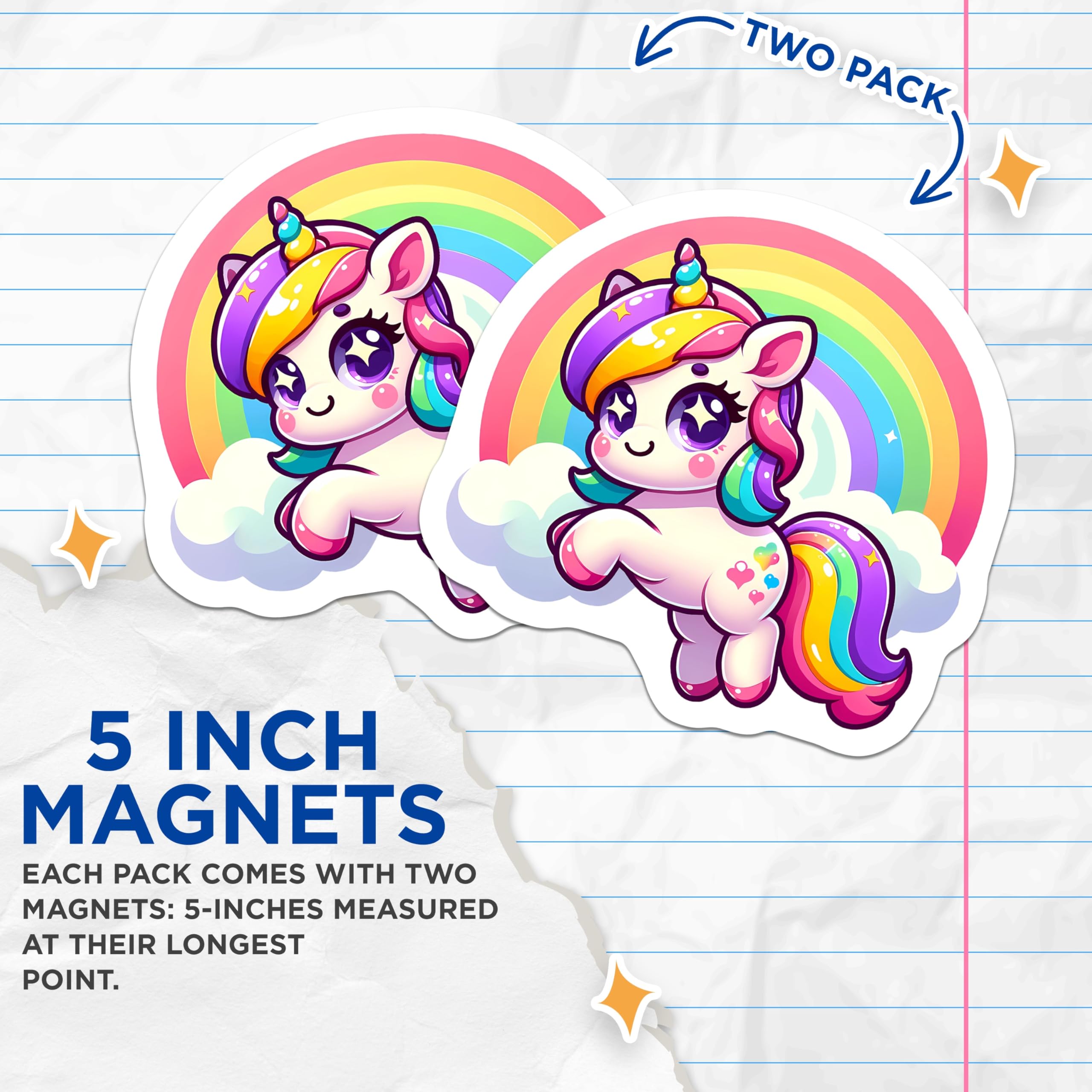 (2 Pack) Adorable Unicorn Magnets - Vibrant Rainbow Fantasy Creature - Whimsical Magical Animal Refrigerator Decor - 5 Inches On Longest Side - Thick Durable Magnet - Made in USA - MAG22690