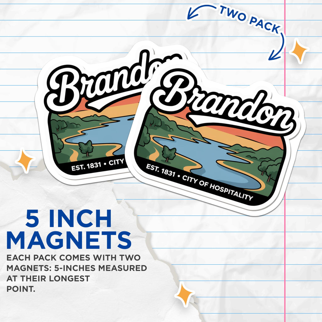(2 Pack) Brandon City Magnets - Hospitality Town Decor - Established 1831 Landmark - 5" On Longest Side - Premium Magnet - for Cars, Refrigerators, Toolboxes, Lockers - Made in USA - MAG17252