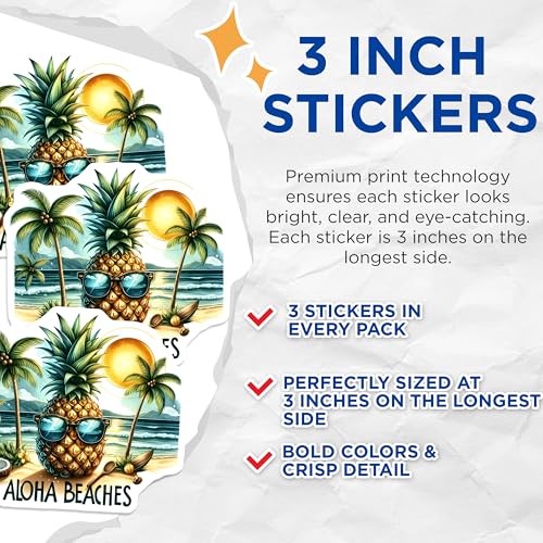 (3 Pack) Aloha Beaches Decals - Tropical Pineapple - Summer Beach Vibe- 3 Inches On Longest Side - Easy Peel & Apply - Made in USA - 3MCS5016