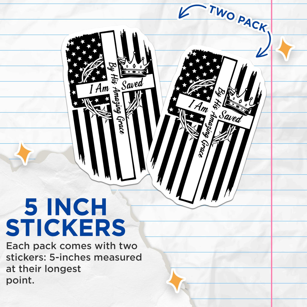 (2 Pack) Christian Stickers - I Am Saved - Religious Decal - Crown of Thorns Art - 5" On Longest Side - Sticks to Smooth Flat Surfaces - Made in USA - BMCS14943