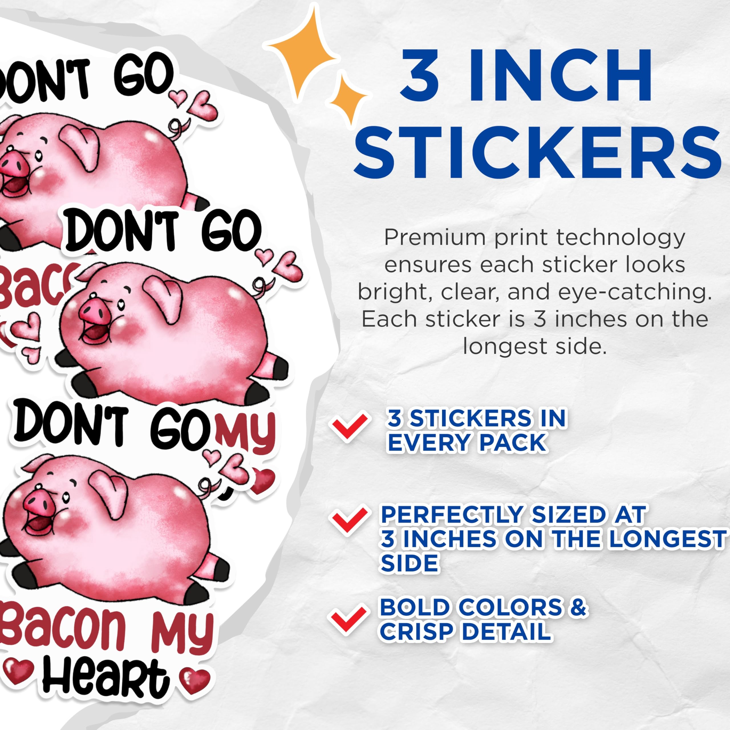 (3 Pack) Pig Decals - Bacon My Heart Sticker - Cute Piggy Laptop Decal - 3 Inches On Longest Side - Easy Peel & Apply - Made in USA - 3MCS1689