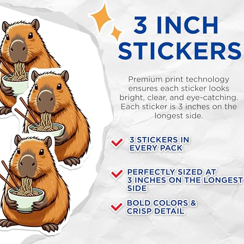 (3 Pack) Capybara Ramen Decals - Cute Rodent - Noodle Lover - 3 Inches On Longest Side - Easy Peel & Apply - Made in USA - 3MCS8664