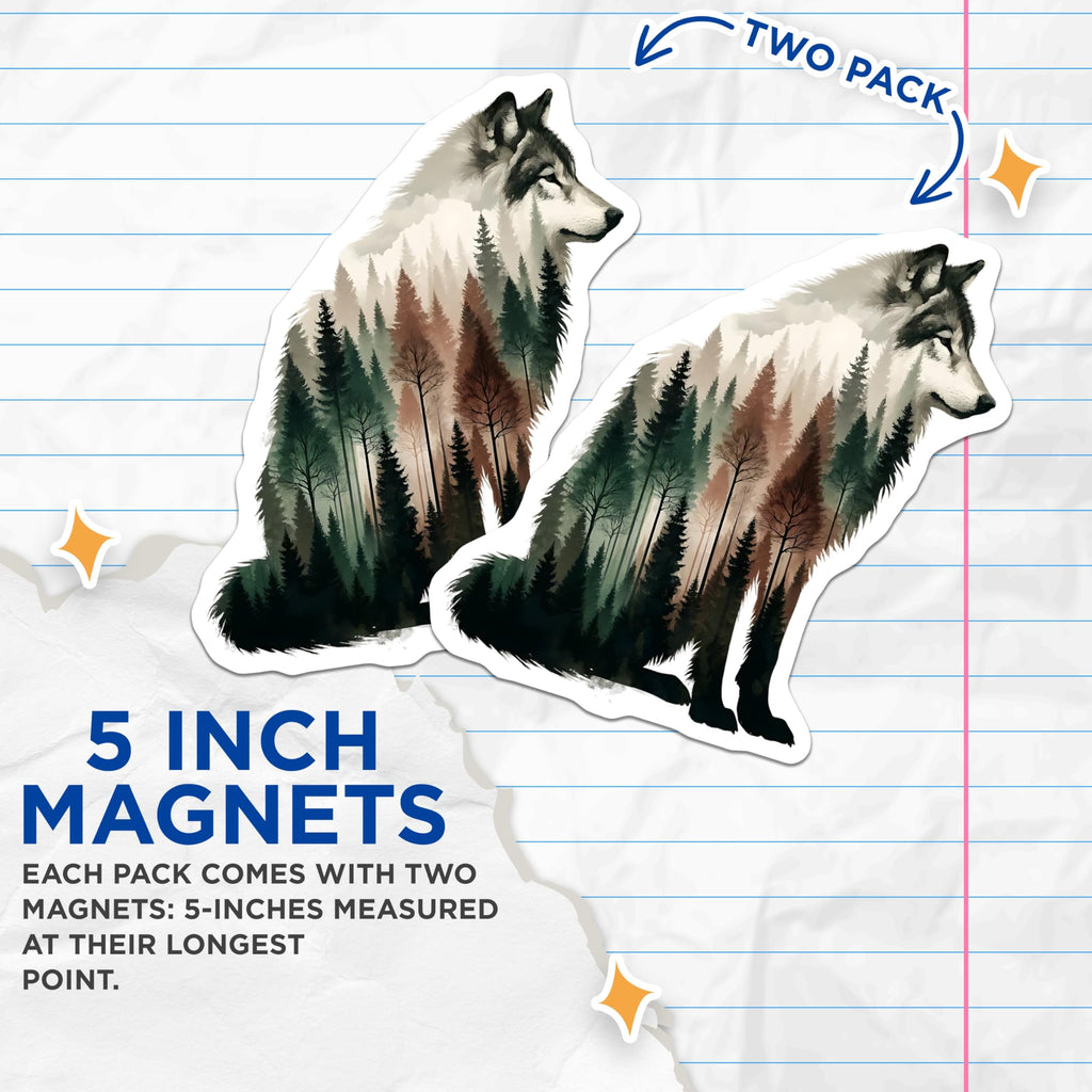 (2 Pack) Wolf Silhouette Magnets - Forest Scene Design - Wildlife Home Decor - 5" On Longest Side - Premium Magnet - for Cars, Refrigerators, Toolboxes, Lockers - Made in USA - MAG16118