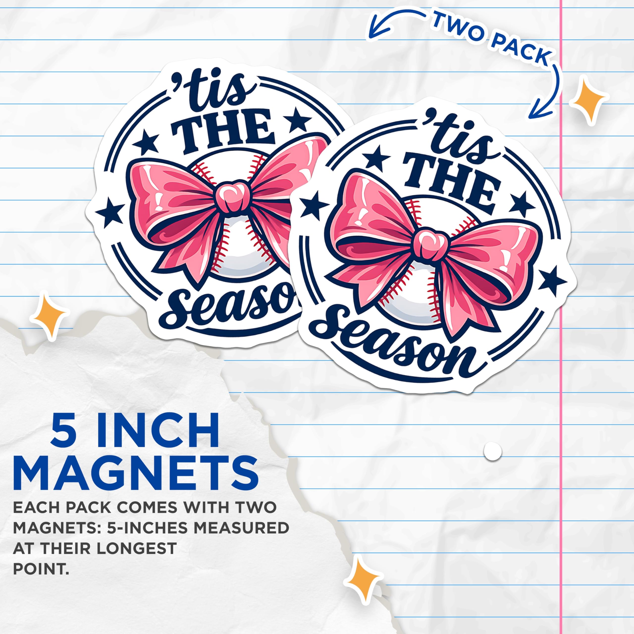 (2 Pack) Christmas Baseball Magnets - Tis The Season Sports Decor - Pink Bow Holiday Ball Magnets - 5 Inches On Longest Side - Thick Durable Magnet - Made in USA - MAG21859