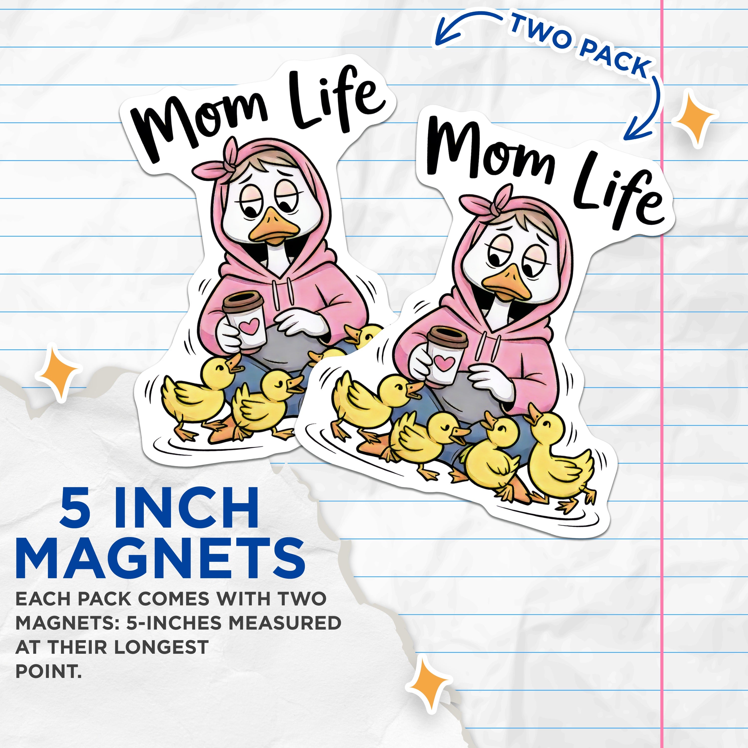 (2 Pack) Tired Mom Life Duck Magnets - Coffee Lover Humor - New Mom Motherhood Refrigerator Decor - 5 Inches On Longest Side - Thick Durable Magnet - Made in USA - MAG39228