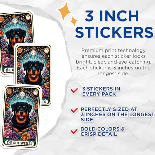 (3 Pack) Rottweiler Tarot Card Decals - Dog Lover Gifts - Laptop Decals - 3 Inches On Longest Side - Easy Peel & Apply - Made in USA - 3MCS4052
