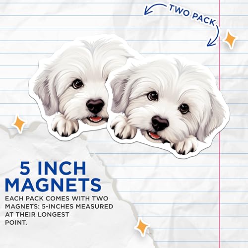 (2 Pack) White Fluffy Dog Magnet - Adorable Pet Decor for Fridge - 5" On Longest Side - Sticks to Smooth Flat Surfaces - Made in USA - MAG9943