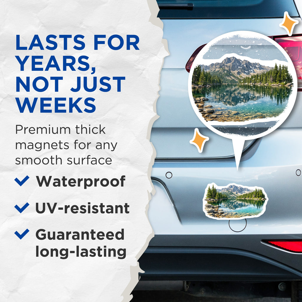 (2 Pack) Mountain Lake Magnets - Scenic Alpine Landscape Decor - Pine Forest Wilderness - Outdoorsy Refrigerator Accent - 5 Inches On Longest Side - Thick Durable Magnet - Made in USA - MAG37897