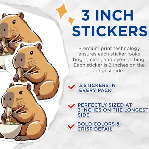 (3 Pack) Capybara Decals - Eating Noodles - Cute Animal Stickers - 3 Inches On Longest Side - Easy Peel & Apply - Made in USA - 3MCS8684