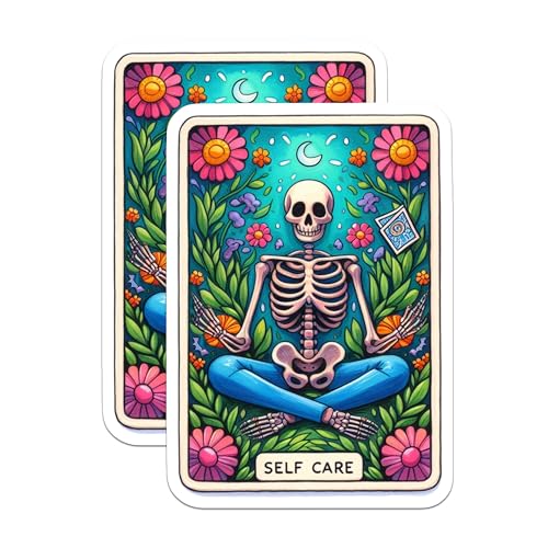 (2 Pack) Self Care Skeleton Stickers - Floral Skull Artwork - Meditation Themed Stickers - 5" On Longest Side - Sticks to Smooth Flat Surfaces - Made in USA - BMCS9405