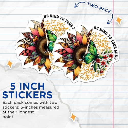 (2 Pack) Be Kind to Your Mind Stickers - Inspirational Sunflower Butterfly Stickers - Positive Mental Health Stickers - 5" On Longest Side - Sticks to Any Smooth Flat Surface - Made in USA - BMCS3228
