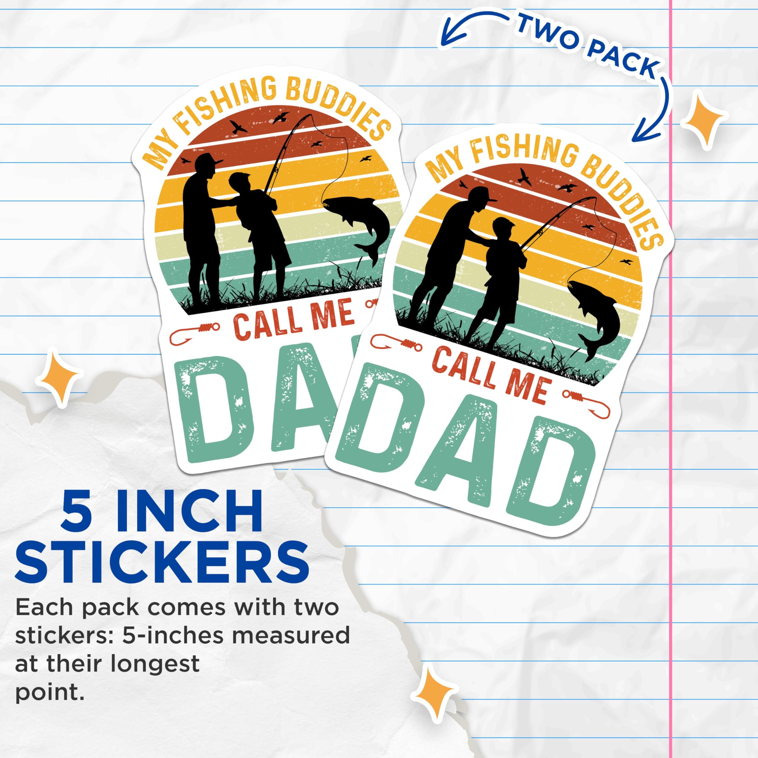 (2 Pack) Fishing Buddies Call Me Dad Stickers - Father's Day Fishing Stickers - Outdoors Dad Stickers - 5" On Longest Side - Sticks to Smooth Flat Surfaces - Made in USA - BMCS4145