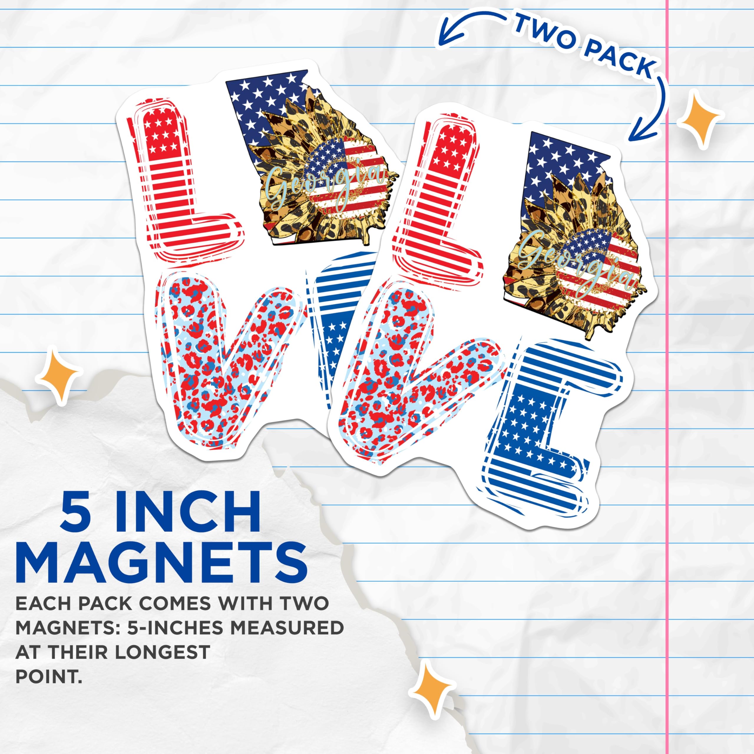 (2 Pack) Georgia Love Magnets - Patriotic Sunflower - USA Flag Art Refrigerator Magnets - 5" On Longest Side - Premium Magnet - for Cars, Refrigerators, Toolboxes, Lockers - Made in USA - MAG18838