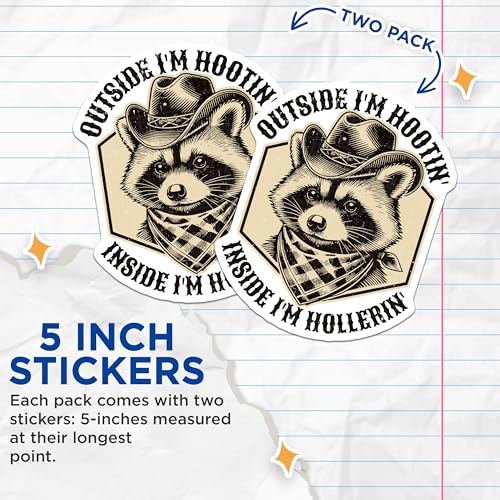 (2 Pack) Raccoon Cowboy Hootin' Stickers - Funny Animal Stickers - Western Theme Stickers - 5" On Longest Side - Sticks to Any Smooth Flat Surface - Made in USA - BMCS3420