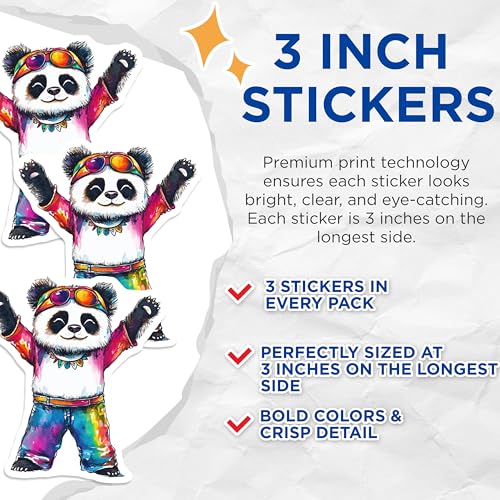 (3 Pack) Panda Bear Decals - Hippie Panda - Colorful Panda Stickers - 3 Inches On Longest Side - Easy Peel & Apply - Made in USA - 3MCS8270