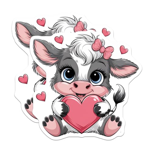(2 Pack) Cute Cow Stickers - Adorable Animal Stickers - Heart Holding Cow Art Stickers - 5" On Longest Side - Sticks to Any Smooth Flat Surface - Made in USA - BMCS3406