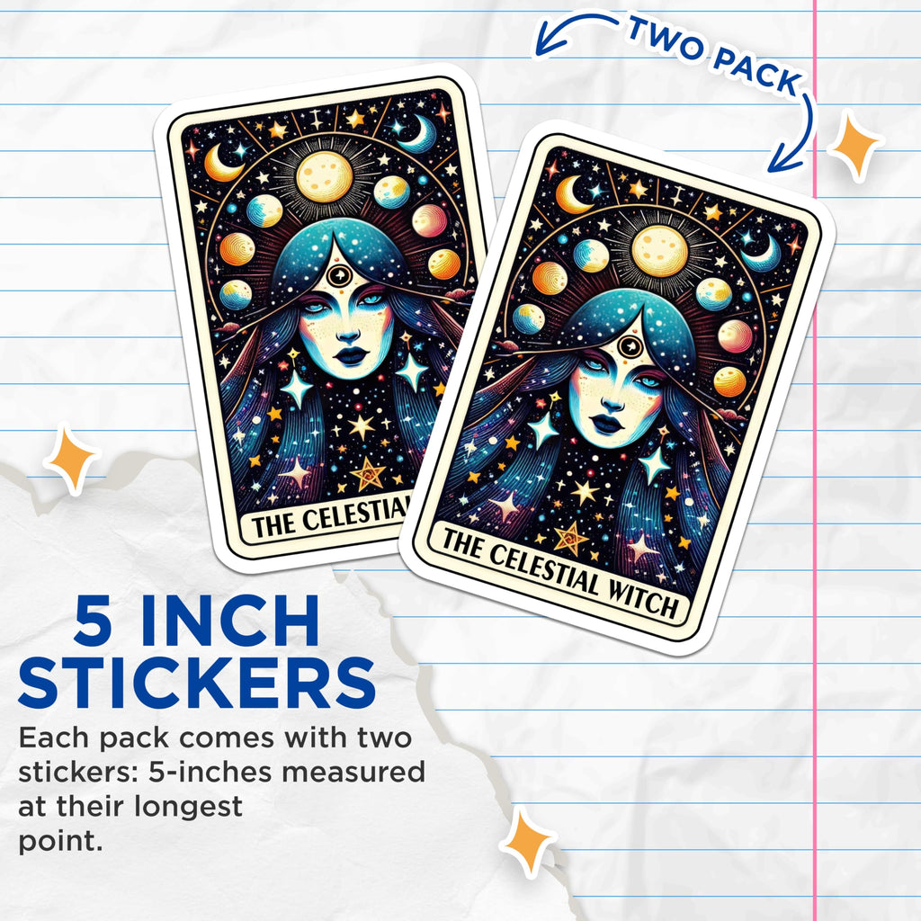 (2 Pack) Celestial Witch Stickers - Cosmic Witch Art Stickers - Mystical Wiccan Stickers - Fantasy Astrology Stickers - 5" On Longest Side - Sticks to Smooth Flat Surfaces - Made in USA - BMCS5366