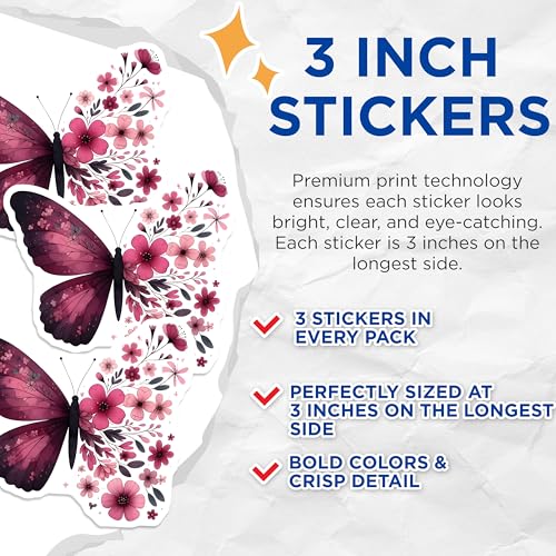 (3 Pack) Butterfly Decals - Floral Wing Stickers - Pink Flower Laptop Decals - 3 Inches On Longest Side - Easy Peel & Apply - Made in USA - 3MCS8506