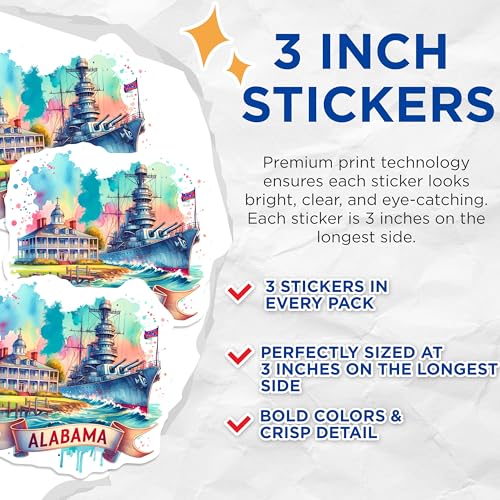(3 Pack) Alabama Decals - Battleship USS - State Landmark Decal- 3 Inches On Longest Side - Easy Peel & Apply - Made in USA - 3MCS5832