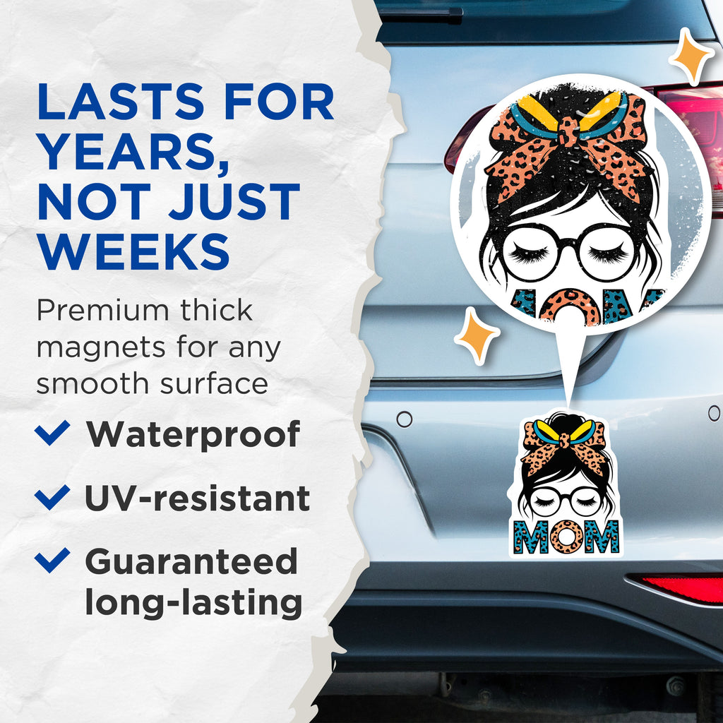 (2 Pack) Messy Bun Mom Life Magnets - Leopard Print Mama Refrigerator Decor - Mother's Day Present - 5 Inches On Longest Side - Thick Durable Magnet - Made in USA - MAG39975