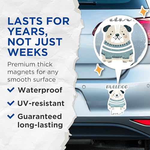 (2 Pack) Bulldog Magnets - Cute Dog Lover Decor - Animal Themed Magnets - Kids Room Decoration - 5" On Longest Side - for Cars, Fridges, Toolboxes - Made in USA - MAG7294