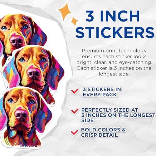 (3 Pack) Vizsla Dog Decals - Colorful Dog Art - Laptop Decal - 3 Inches On Longest Side - Easy Peel & Apply - Made in USA - 3MCS0841