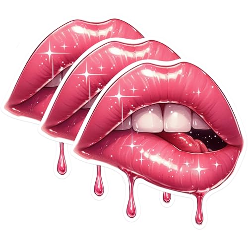 (3 Pack) Sexy Lips Decals - Pink Glossy Lips - Erotic Lip Art - 3 Inches On Longest Side - Easy Peel & Apply - Made in USA - 3MCS0589
