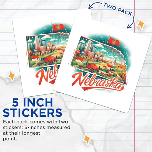 (2 Pack) Nebraska State Art Stickers - Vintage Nebraska Travel Stickers - Scenic Nebraska Landscape Decals - 5" On Longest Side - Sticks to Smooth Flat Surfaces - Made in USA - BMCS5212