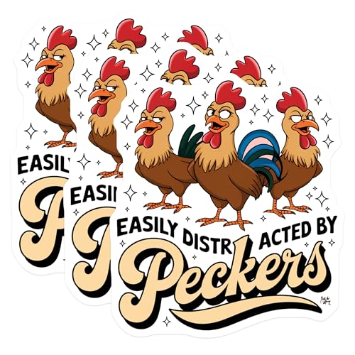 (3 Pack) Chicken Decals - Funny Rooster Sticker - Easily Distracted by Peckers - Laptop Decal- 3 Inches On Longest Side - Easy Peel & Apply - Made in USA - 3MCS5151