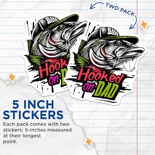 (2 Pack) Hooked on Dad Stickers - Fisherman Dad Stickers - Bass Fishing Dad Stickers - 5" On Longest Side - Sticks to Any Smooth Flat Surface - Made in USA - BMCS3492