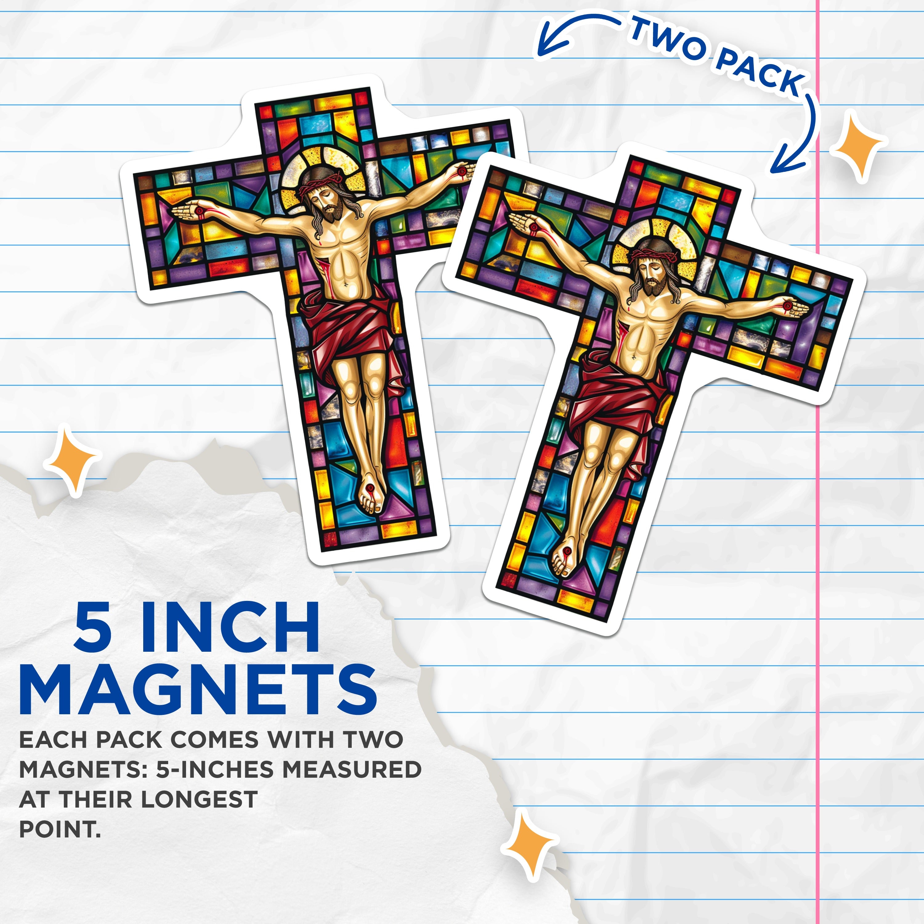(2 Pack) Stained Glass Crucifix Magnets - Jesus Christ Religious Decor - Christian Faith Art - Devotional Home Accent - 5 Inches On Longest Side - Thick Durable Magnet - Made in USA - MAG39326