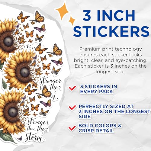 (3 Pack) Sunflower Butterfly Decals - Stronger Than The Storm Decal - Laptop Decal - 3 Inches On Longest Side - Easy Peel & Apply - Made in USA - 3MCS1694