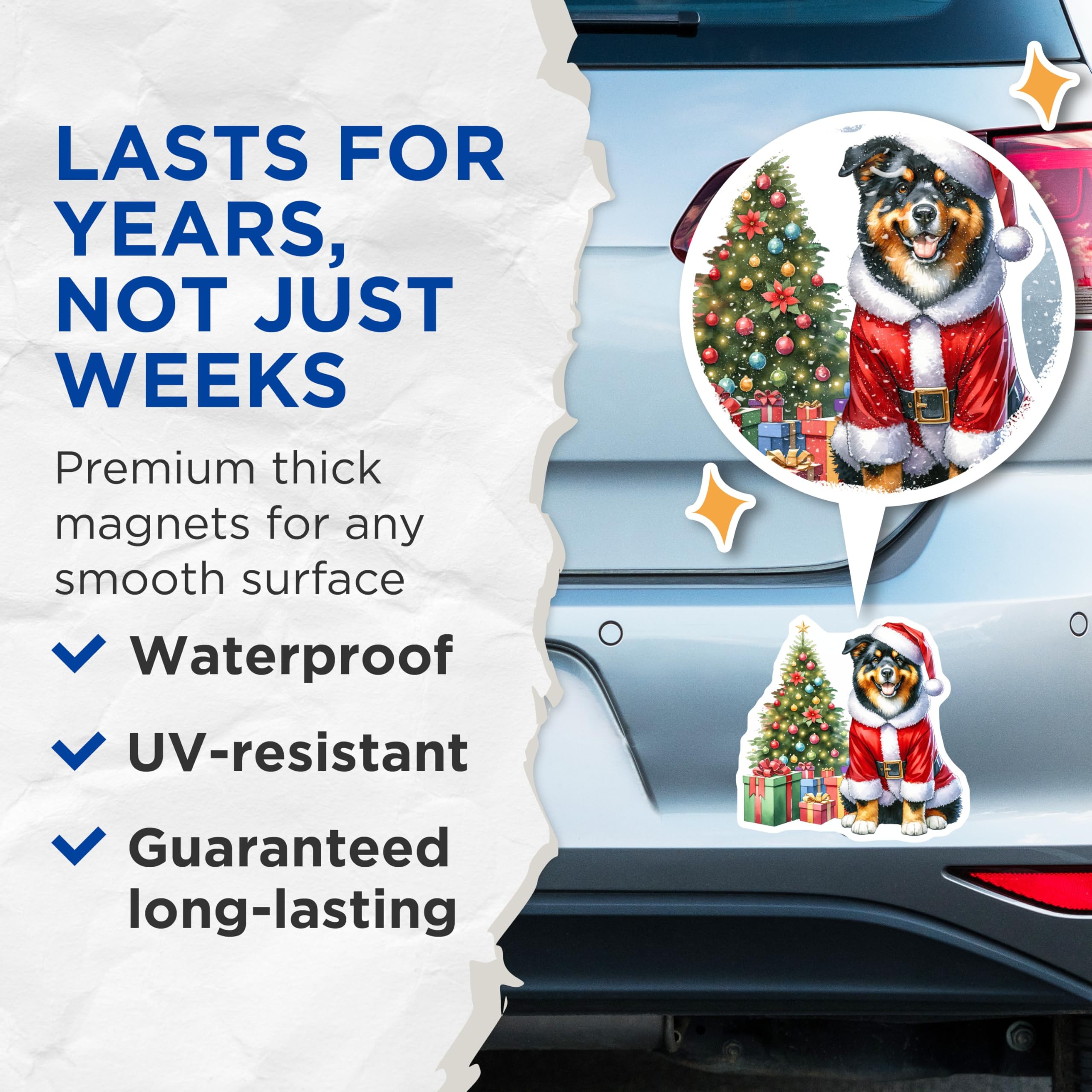 (2 Pack) Christmas Dog Magnets - Santa Claus Puppy Decor - Festive Pet Holiday Refrigerator Art - 5 Inches On Longest Side - Thick Durable Magnet - Made in USA - MAG24128