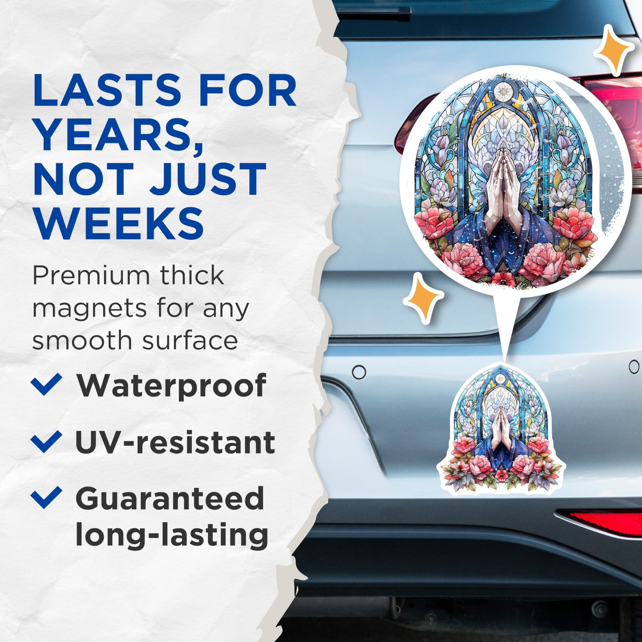 (2 Pack) Stained Glass Magnets - Spiritual Hands Art - Chapel Window Inspired Floral Design - Religious Devotion Decor - 5 Inches On Longest Side - Thick Durable Magnet - Made in USA - MAG23952