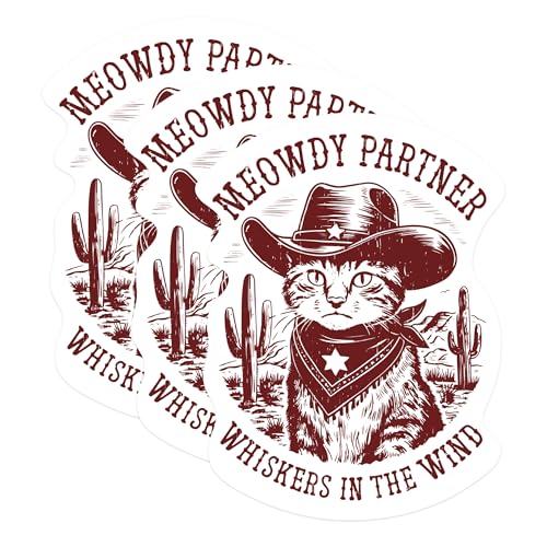 (3 Pack) Cowboy Cat Decals - Western Kitten Art - Meowdy Partner Laptop Decals - 3 Inches On Longest Side - Easy Peel & Apply - Made in USA - 3MCS1090