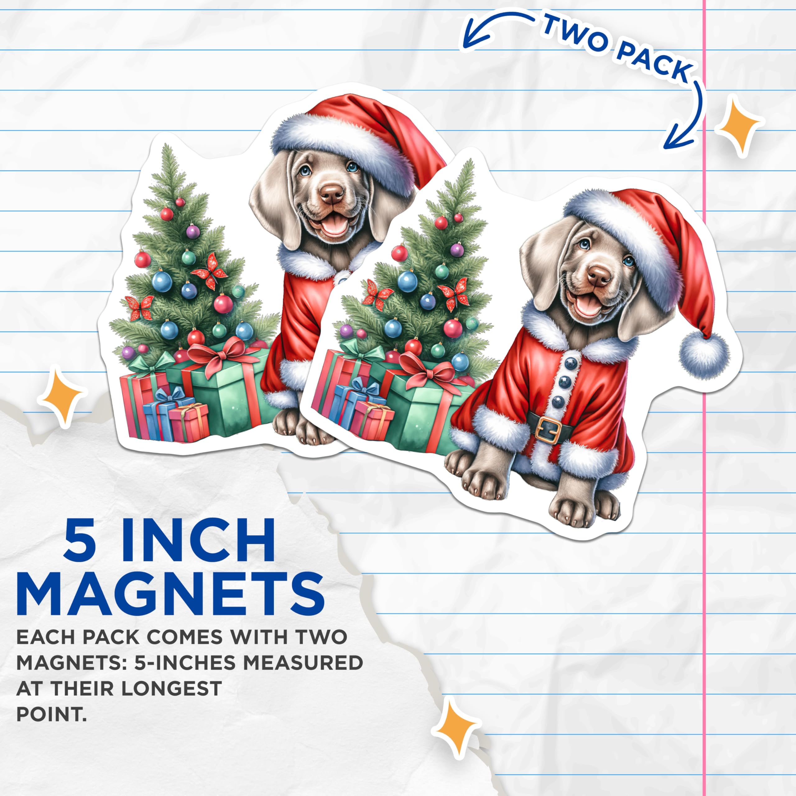 (2 Pack) Christmas Puppy Magnets - Santa Dog Refrigerator - Holiday Decor Pet Lover - 5 Inches On Longest Side - Thick Durable Magnet - Made in USA - MAG27244