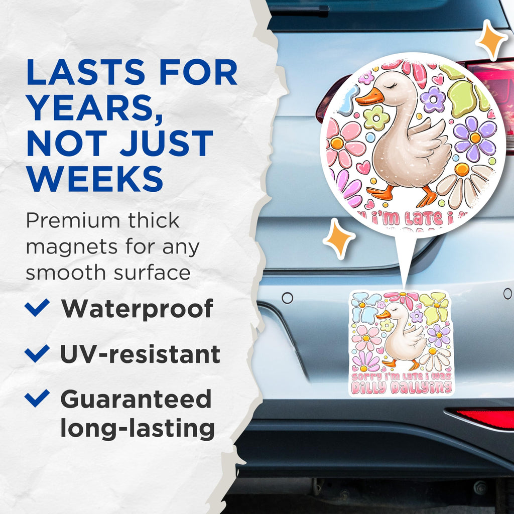 (2 Pack) Dilly Dallying Goose Magnets - Funny Quote Fridge Magnet - Cute Animal Kitchen Decor - 5 Inches On Longest Side - Thick Durable Magnet - Made in USA - MAG29506