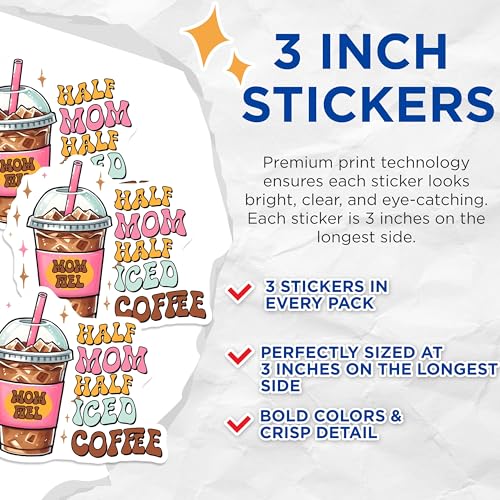 (3 Pack) Mom Fuel Decals - Half Mom Half Iced Coffee - Laptop Decal - 3 Inches On Longest Side - Easy Peel & Apply - Made in USA - 3MCS6290
