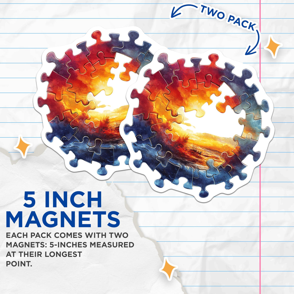 (2 Pack) Puzzle Art Magnets - Stormy Ocean Seascape - Vibrant Sunset Artwork - Unique Fridge Decor - 5 Inches On Longest Side - Thick Durable Magnet - Made in USA - MAG26400