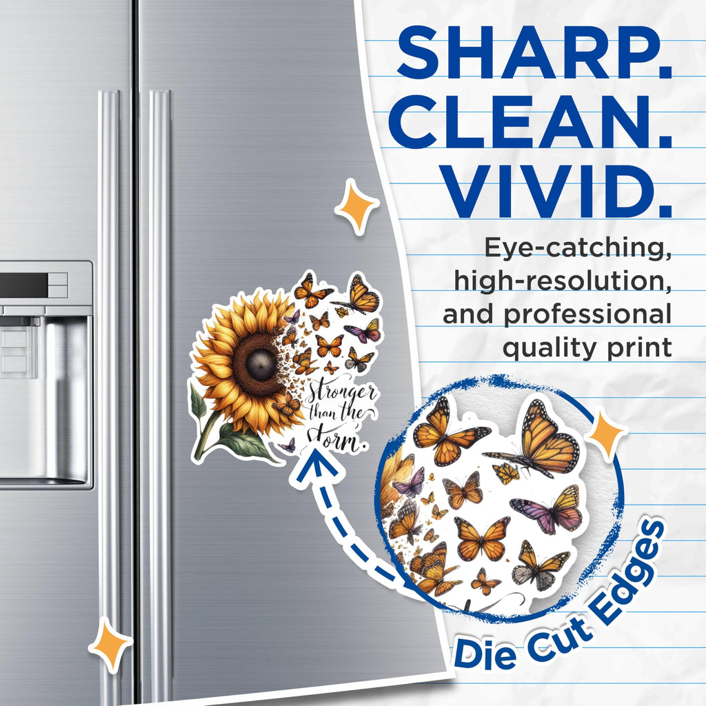 (2 Pack) Stronger Than The Storm Magnets - Sunflower Butterfly Magnets - Inspirational Quote Magnets for Home Decor- 5" On Longest Side - for Fridges, Toolboxes, Cars - Made in USA - MAG2903