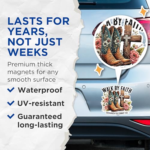 (2 Pack) Walk by Faith Magnets - Inspirational Quotes Magnets - Christian Decor Magnets - Floral Boot Magnets- 5" On Longest Side - for Fridges, Toolboxes, Cars - Made in USA - MAG2839